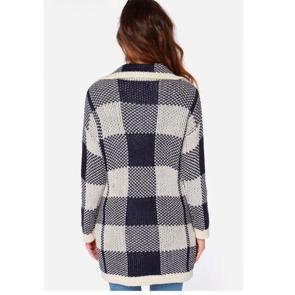JOA Los Angeles Plaid Wool Blend Cardigan Sweater Ladies Navy Ivory Size Medium - Picture 6 of 12
